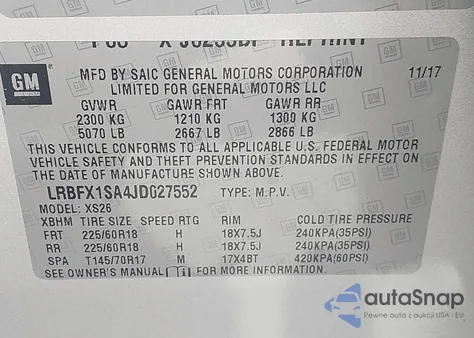 2018 Buick Envision Essence z USA, uszkodzony, nr VIN LRBFX1SA4JD027552